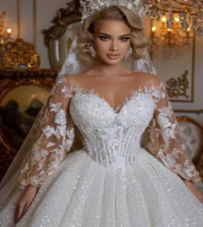 2023 Abito da sposa lucido retrò Una linea con paillettes Applique in pizzo Scollo a illusione Manica lunga Scollo a V Abito da