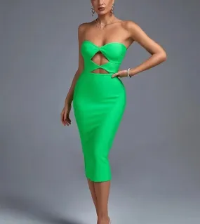 2023 Fashion Hollow Out Midi Bandage Dress For Women Evening Party Elegant Birthday Club Chest Wrapping Abiti aderenti