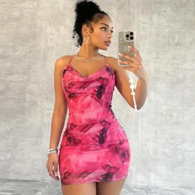 Abito con stampa estetica Mini Mesh Donna Pantaloni a vita bassa con cinturino per spaghetti Abito modellante per il corpo senza