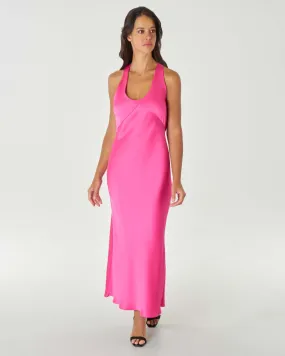 Abito lungo fucsia in satin con spalline incrociate sulla schiena e scollo drappeggiato