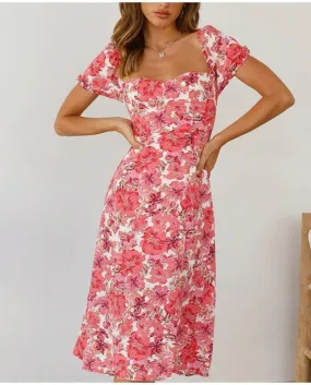 Boho Summer Women Ruffles Lace Up Slim A Line Spacco Abito a metà polpaccio Flusso