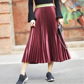 Gonna longuette tinta unita moda donna Gonna longuette elastica a vita alta in velluto Chic Gonne a pieghe Saias Faldas Primaver