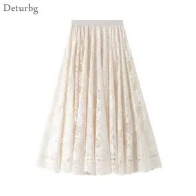 Gonna lunga elegante in pizzo all'uncinetto da donna a vita alta scava fuori pieghettata nera bianca Aline Gonne Saias Primavera