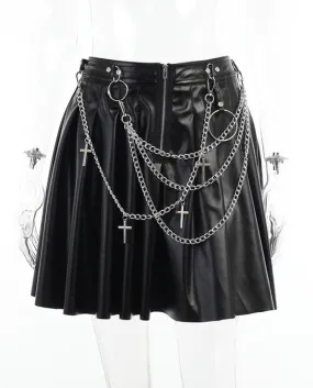 Gonne in pelle PU con catene punk Gonne corte a pieghe moda donna Tinta unita Vita alta Gonne a linea Streetwear Gir