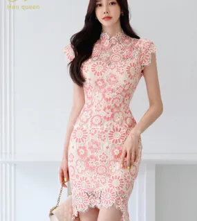 H Han Queen Nuovo elegante abito a tubino in pizzo con fiori Abiti estivi da donna Abiti aderenti aderenti da ufficio per feste