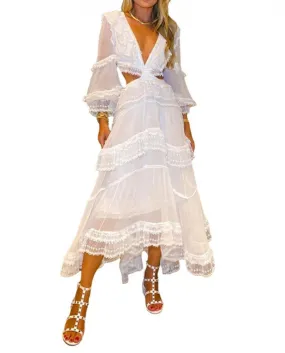 Kayotuas Abito da donna New High Street White Lace Ruffle Cut Out Hollow Vita manica lunga A Line Party Elegante scollo a V Club