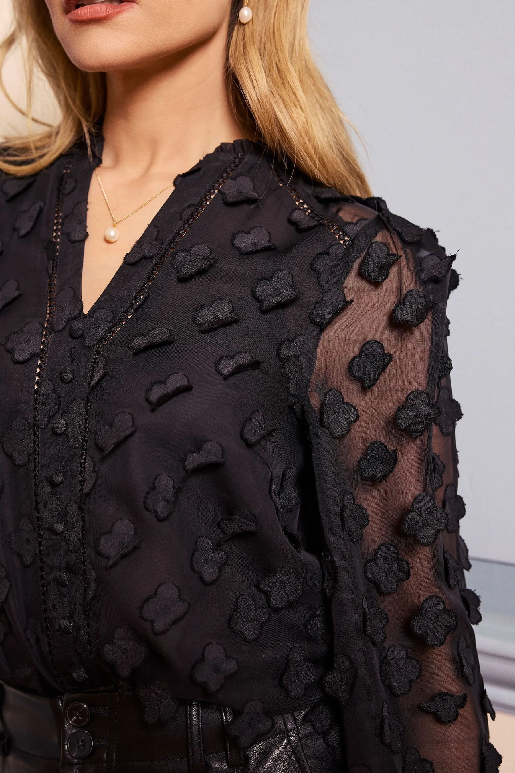 Love & Roses 3D Floral V Neck Long Sleeve Blouse    