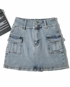 Minigonna da donna in denim a vita alta con tasche laterali Confezione fianchi e gonne foderate