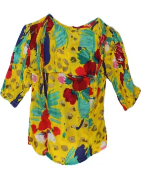VINTAGE Womens 1/2 Sleeve Blouse Top UK 12 Medium Yellow Floral Cotton